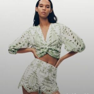 Zara green and white embroidered top and skirt set
